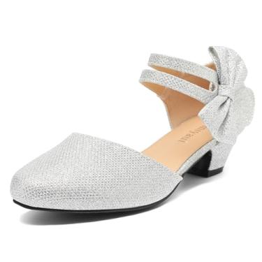 Imagem de Nmiyaul Sapato feminino retrô Mary Jane salto baixo grosso bico fechado tira no tornozelo D'Orsay gancho e laço lateral bico redondo elegante festa de casamento, Glitter prateado, 35