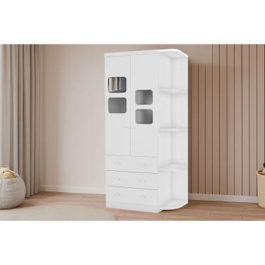 Imagem de Guarda Roupa Infantil c/ 2 Portas Cristal e 3 Gavetas Uli Branco - Peroba