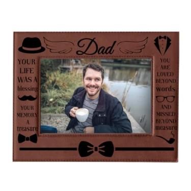 Imagem de ORIGACH Porta-retrato de couro gravado memorial do pai para pendurar / mesa porta-retrato de couro para perda do pai, presente de simpatia de luto – Serve para fotos de 12 x 17 cm