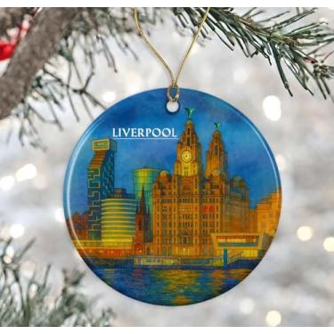 Imagem de Enfeite de aquarela Liverpool England - Lembrança de Natal de cerâmica - Aniversário de lua de mel - Lembrança de viagem - Presente de inauguração de casa - Presente para amantes de Liverpool impresso