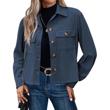 Imagem de Jaqueta De Veludo Cotelê Para Mulheres, Jaqueta Cropped De Lapela Com Botões Na Moda, Tops De Casaco Slim De Manga Longa Casual De Outono Com Bolsos, Blue, XXL