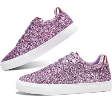 Imagem de Jeekopeg Tênis da moda brilhante brilhante sapatos casuais brilhantes com lantejoulas brilhantes para concertos de corte baixo com cadarço, Glitter roxo claro, 12 Women/10 Men