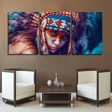 Imagem de Quadro Decorativo em Canvas, Indígena Artístico, 3 Painéis, Impressão 120 x 60 cm