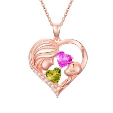 Imagem de Zoeniya Colar com pingente de coração banhado a ouro rosa para mãe e filha com 12 meses, presentes de dia das mães para mãe, pedra do mês de nascimento, joia de aniversário para mãe, esposa, namorada