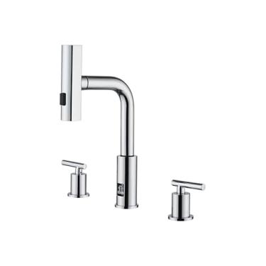 Imagem de Lefton Torneira de banheiro removível cachoeira 3 furos com exibição de temperatura em Fahrenheit (sem bateria), torneira de 20 cm ampla para pia de banheiro com 2 alças, cromada, BFWS2401-1