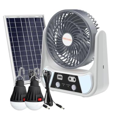 Imagem de GBEOSMO Ventilador portátil recarregável alimentado por bateria de acampamento com luz LED, ventiladores de energia sem fio de 2 velocidades, ventilador de mesa USB com painel solar, 2 lâmpadas de LED