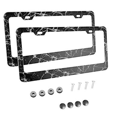 Imagem de Foruidea Moldura de placa de licença de alumínio fosco mármore preto e branco com tampas de rosca pretas, 2 furos pretos de placas de licença, molduras de placas de licença de carro para veículos / mulheres/homens