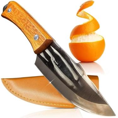 Imagem de Faca de Corte Profissional Aço Inox Cabo Madeira com Bainha Couro Ideal para Acampamento Cozinha Pesca Churrasco Trilha Sobrevivência Lâmina 10cm