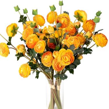 Imagem de 2 peças de flores artificiais de ranúnculo de outono de 56 cm, 14 cabeças, laranja, ranúnculo de seda sintética a granel outono para casa, casamento, festa, centros de mesa, arranjos de decoração de