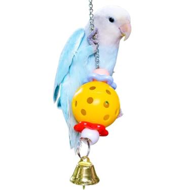 Imagem de CXYYXF Brinquedo de mastigar papagaio para gaiola bola de mastigar pássaros com sino de treinamento resistente a mordidas brinquedos de pendurar de plástico para pássaros pequenos, periquitos