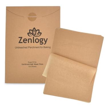 Imagem de Lençóis de papel de pergaminho Zenlogy 30,48 x 40,64 cm sem alvejante para assar em alto calor – Ajuste exato para suas panelas de meia folha com conveniente caixa de armazenamento, Marrom, 100