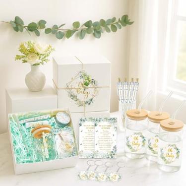 Imagem de Hoolerry 6 conjuntos de 72 peças de lembrancinhas de festa de chá de bebê incluem copos de vidro, caixa de presente de chá de bebê, caneta de batom, vela chaveiro, chaveiro artificial de folha de