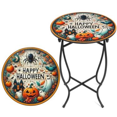 Imagem de Mesa lateral redonda, mesa lateral de metal resistente ao clima de 35,5 cm para sala de estar, pátio, varanda, quintal, varanda, jardim, suporte de plantas pequenas para ambientes internos e externos