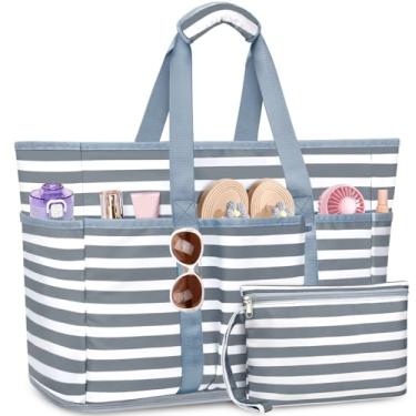Imagem de TEUEN Bolsa de praia grande com zíper, 12 bolsos, impermeável, à prova de areia, bolsa de praia feminina de malha para viagens de férias, Cinza escuro e branco, One Size