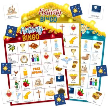 Imagem de BIZIBAFF Jogo de bingo de Natal para crianças e adultos - 24 jogadores, cartões de bingo de presépio cristão - Jogos religiosos da Bíblia para sala de aula em família, atividades de Natal