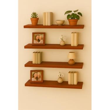 Imagem de Prateleira Flutuante de Madeira com Suporte Invisível, Marrom, Montagem na Parede, Fixação Embutida (Marrom avermelhado, 100cm, 4)