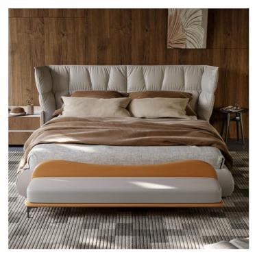 Imagem de GRFIT Fim da cama banco de armazenamento extremidade da cama, banco longo de couro, banco de quarto estofado moderno para sala de estar, hall de entrada, banco de cama (cor: laranja, tamanho: 120 * 45