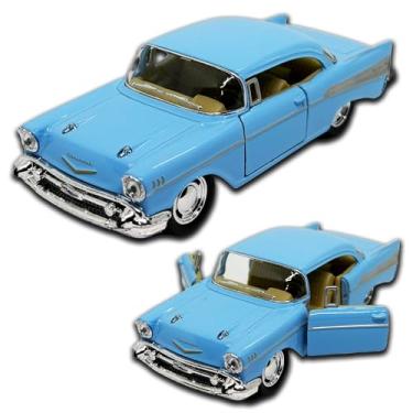 Imagem de Miniatura de carro Chevrolet Bel Air 1957, Escala 1/40, Kinsmart, Carrinho de ferro em metal com Fricção, 13 CM, Abertura de portas laterais e Pneus em Borracha (Azul Bebê)