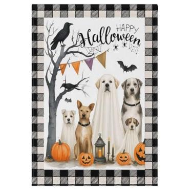 Imagem de Feliz Dia das Bruxas Cães Bandeira de Jardim 30,5 x 45,7 cm Dupla Face Lanterna Abóbora Corvo Preto Xadrez Búfalo Sazonal Quintal Bandeira Exterior Bandeira para Jardim Gramado Pátio Decorações de