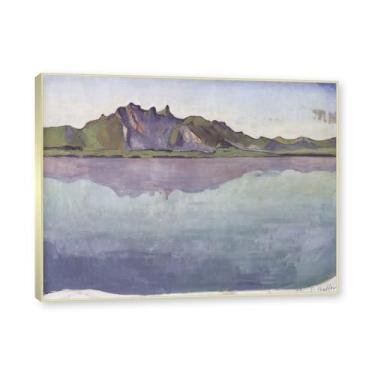 Imagem de Moldura champanhe. Imagem natureza em tela, (lago de Thun 05) de Ferdinand Hodler, reprodução de quadros, quadro de arte de parede de tela para casa. 60x80cm