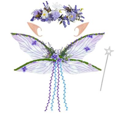 Imagem de Vifcotlyp Asas de fada, conjunto de asas de borboleta com orelhas de elfo, varinha de guirlanda de flores, acessórios de fantasia de fada para mulheres Halloween