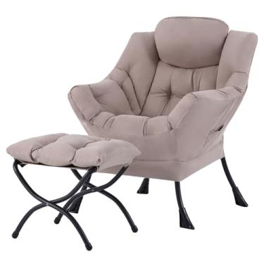 Imagem de Tiita Cadeira preguiçosa com otomano, poltrona moderna e grande com destaque, poltrona de sala de estar, dormitório, jardim e pátio, cáqui