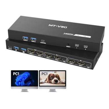 Imagem de MT-VIKI Interruptor HDMI KVM 2 monitores 2 computadores 4K @60Hz, comutador USB 3.0 HDMI KVM monitor duplo com 4 portas USB 3.0 compartilhando teclado/mouse/impressora