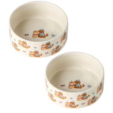 Imagem de Conjunto de 2 tigelas de cerâmica para cães, tigela de água com estampa fofa, pratos para cães de 13 cm para cães e gatos pequenos, branco