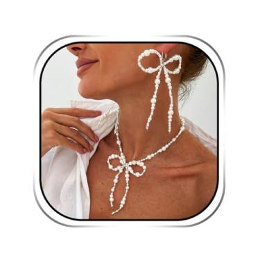 Imagem de Sixexey Conjunto de joias com laço de pérolas, brincos de colar de laço de contas brancas para casamento, baile de formatura, bijuteria para mulheres