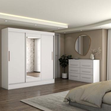 Imagem de Guarda-Roupa Solteiro Europa 3 Portas 2 Gavetas e Cômoda 6 Gavetas Espelhado Branco - Panorama Móveis