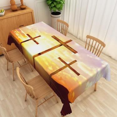 Imagem de SIEDYCV Toalha de mesa Jesus Cristo Cruz 70 x 120 polegadas pôr do sol cena três cruzes de madeira tecido poliéster impermeável reutilizável retangular capa de mesa para decoração de festa temática