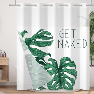Imagem de Velaequezii Cortina de chuveiro sem gancho com forro de encaixe, cortina de banho com folhas de palmeira verde, camada dupla, tecido lavável à prova d'água com janela superior de malha transparente