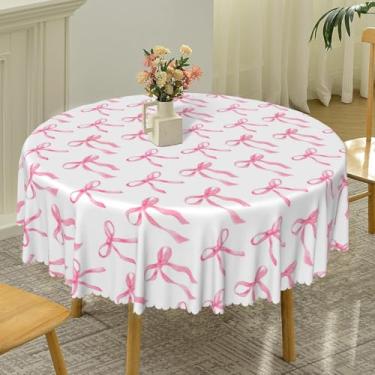Imagem de TTQYFNM Toalha de mesa redonda com laço rosa 137 cm, toalha de mesa circular de tecido de poliéster para meninas, mulheres, casamento, noivado, chá de bebê, aniversário, decoração de festa