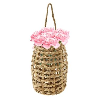 Imagem de Cestas de pendurar na parede, cesta de flores de vime de armazenamento de tecido feito à mão com alça, cesta decorativa de ervas marinhas para porta da frente para flores, grinaldas e grama dos pampas