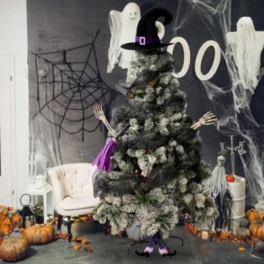 Imagem de 6 peças, decoração de árvore de bruxa, grande, chapéu de bruxa, pernas, vassoura, braço de esqueleto, mãos, 25,4 cm x 7,6 m, fita de malha metálica preta para decoração de árvore de Halloween, festa