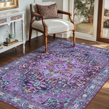 Imagem de Kokia Tapetes laváveis 12 x 18 cm, violeta e roxo com design vintage oriental, tapete macio para sala de estar ou quarto, características antiderrapantes de resistência a manchas, padrão medalhão