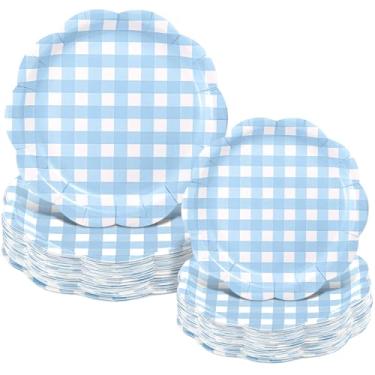 Imagem de Maxdot Pacote com 100 pratos de papel azul e branco, decoração de festa guingão, 23 cm e 18 cm, pratos de sobremesa descartáveis, xadrez xadrez, utensílios de mesa para chá de bebê, casamento, festa