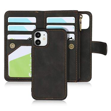 Imagem de ShunJieTech Capa para iPhone 12 mini [5,4 polegadas] 2 em 1 carteira destacável capa magnética de couro PU com bolso com zíper para moedas e 6 compartimentos para cartão - preta