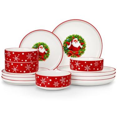 Imagem de MALACASA Conjunto de pratos e tigelas, conjunto de 12 peças de louça de porcelana de Natal para 4, louças de cerâmica, conjunto de utensílios de cozinha, jantar, micro-ondas e lava-louças, série