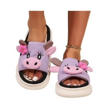 Imagem de Chinelo Feminino de Inverno - Linho e Algodão, Design de Vaca, Solado 
