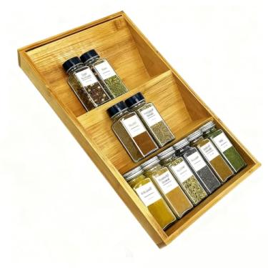 Imagem de LONG TAO Organizador de gaveta de especiarias de bambu, organizador de temperos de 3 camadas, bandeja para temperos, organizador e armazenamento para gaveta de armário de cozinha, inserção de