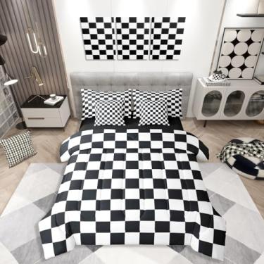 Imagem de Erosebridal Jogo de cama queen xadrez xadrez xadrez preto e branco de 7 peças para crianças, meninos, adolescentes e homens, cama guingão geométrico, em uma bolsa com lençóis, decoração de quarto