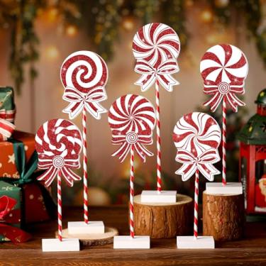 Imagem de 6 peças de decoração de mesa de madeira doce de Natal bengala alta de madeira em pé placa central de mesa de bengala de Natal para bandeja de Natal em camadas para decoração de festa de escritório