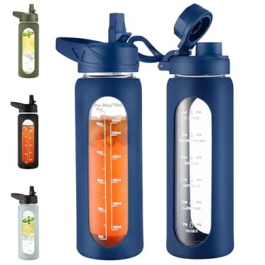 Imagem de CIVAGO Garrafa de água de vidro de 680 g com canudo e alça, grande garrafa de água motivacional esportiva com marcador de tempo e 2 tampas, jarro à prova de vazamento com manga de silicone para