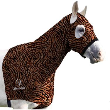 Imagem de Horzmetnex Capuz elástico de cavalo, protetor de crina de lycra, capuz de cavalo, proteção de crina, preparação para shows, treinamento (listras na selva, M)