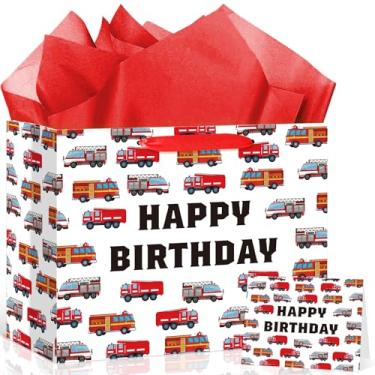 Imagem de Saco de presente de bombeiro para presente de aniversário de bombeiro com cartão comemorativo para meninos meninas chá de bebê 1º, 2º, 3º, 4º aniversário tema de bombeiro, lembrancinhas de festa de