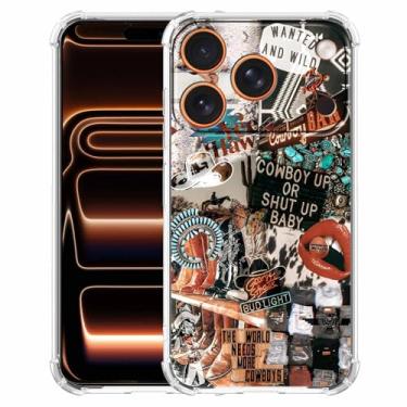 Imagem de Nsyosio Capa caubói ocidental cowgirl compatível com iPhone 17 Pro, arte retrô country colagem, capa de TPU macio na moda para iPhone 17 Pro