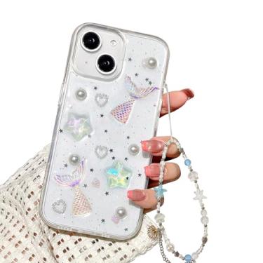 Imagem de Fycyko Compatível com iPhone 15 capa 3D linda sereia estrela do mar pérola transparente com design estética mulheres adolescentes meninas glitter bonito cristal brilhante capa protetora + corrente