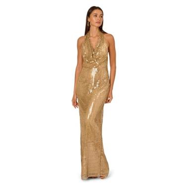 Imagem de Adrianna Papell Vestido longo feminino com lantejoulas e gola drapeada, Dourado, 38