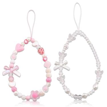 Imagem de WEHBVF Berloques de telefone chaveiro de pulso com contas Y2K alça de câmera capa de telefone de pulso alça digital bonito acessórios para mulheres meninas 2 peças chaveiro laço dia dos namorados